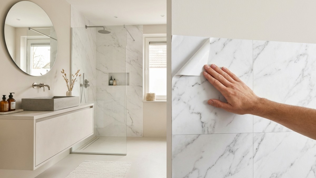 Plaktegels in badkamer - zelfklevende PVC tegels met marmer look