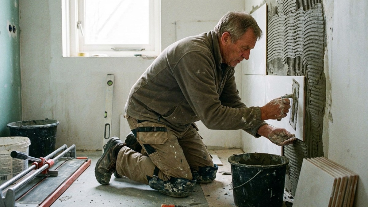 Tegelzetter aan het werk - vakman plaatst wandtegels in badkamer