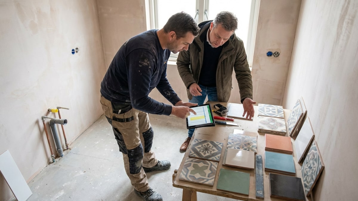 Tegelzetter bespreekt offerte met huiseigenaar