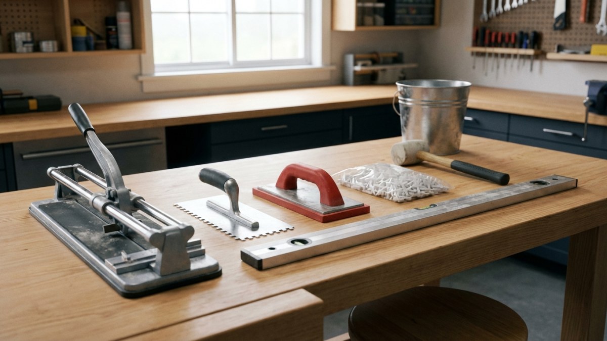 Tegelzetter gereedschap - tegelsnijder, lijmkam, voegspaan en waterpas