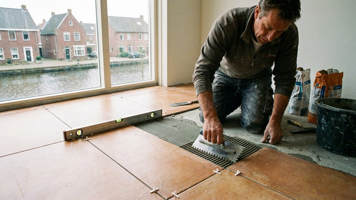 Vloertegels leggen door tegelzetter met lijmkam en waterpas