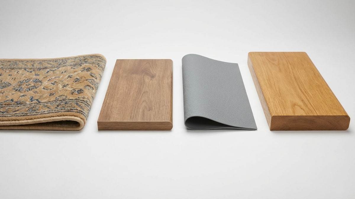 Trap bekleden materialen - tapijt, laminaat, PVC en massief hout