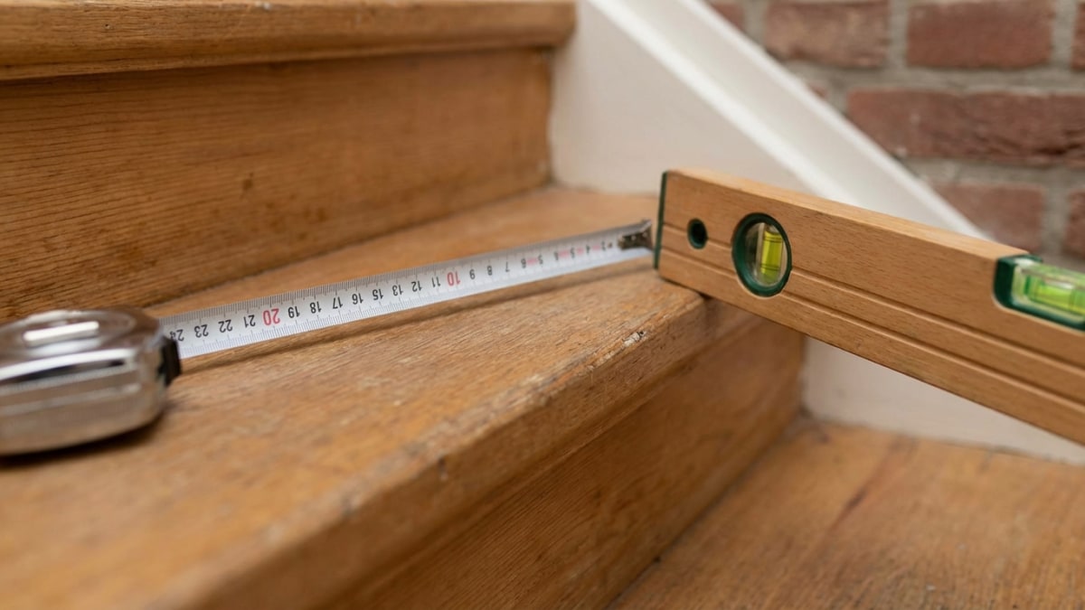 Trap afmetingen controleren met waterpas en meetlint