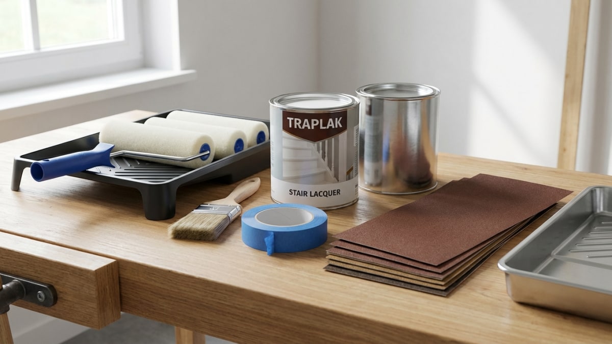 Trap schilderen materiaal - verf, primer, kwasten en roller