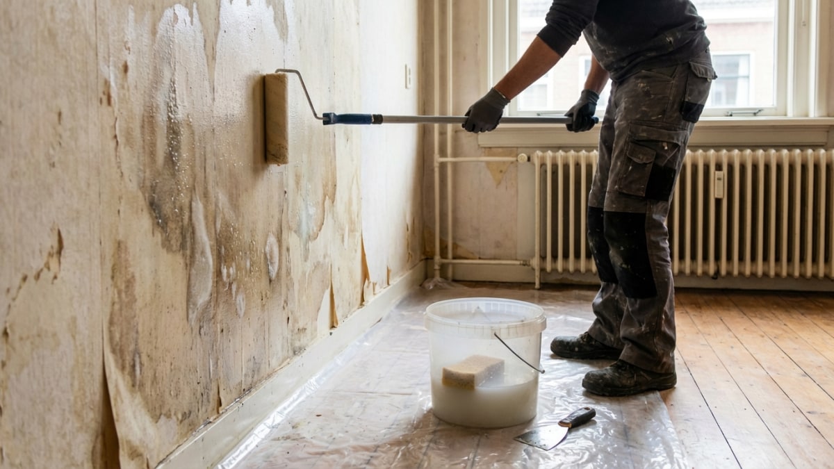 Behang afweken met water en afweekmiddel