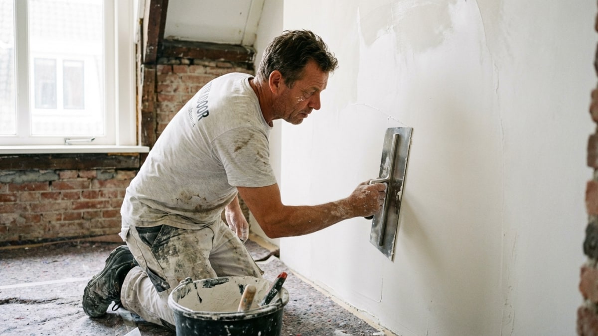 Stukadoor brengt glad stucwerk aan met pleisterspaan