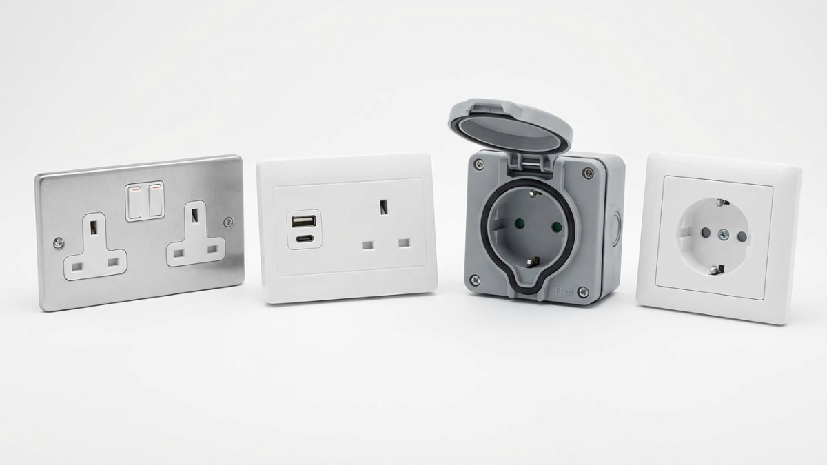 Verschillende soorten stopcontacten - standaard, USB, buiten en kinderbeveiliging