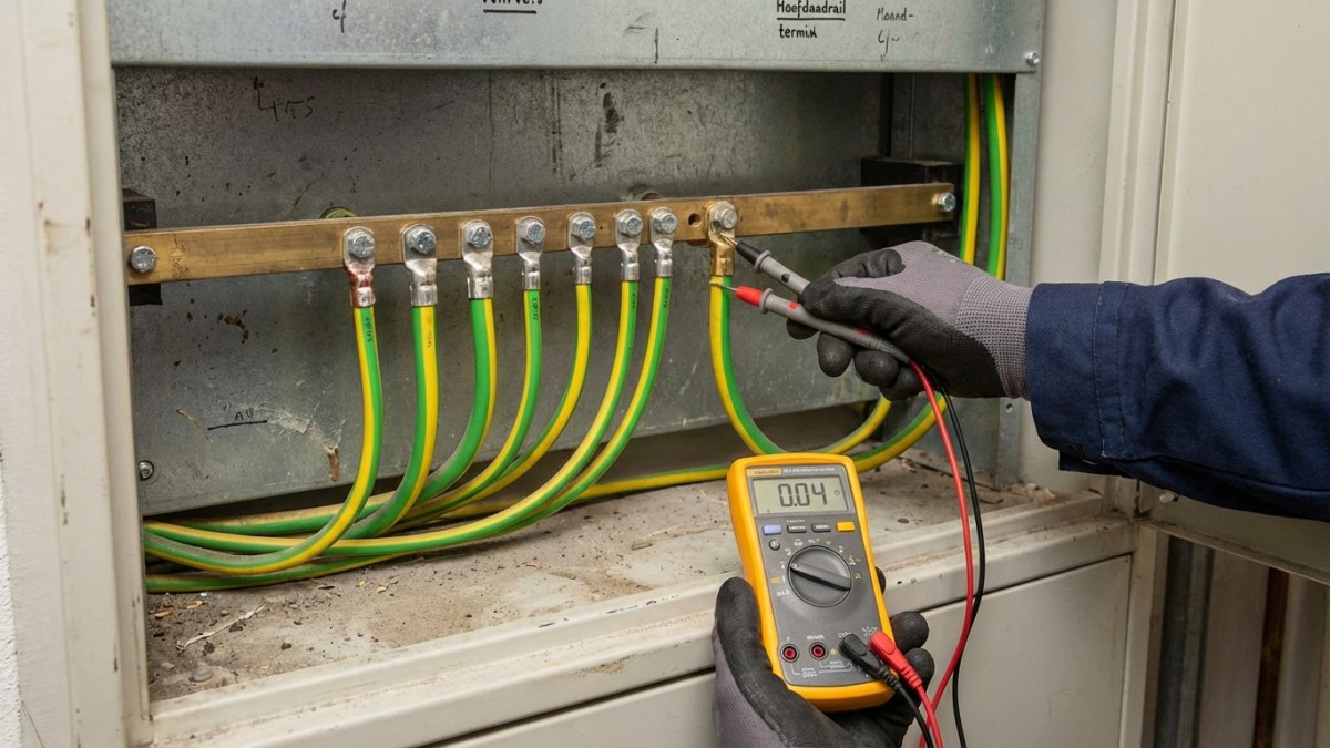 Aarding controleren - hoofdaardrail met groengele aardleidingen