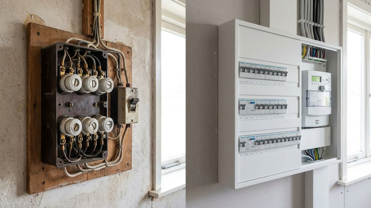 Oude stoppenkast versus moderne meterkast met automaten