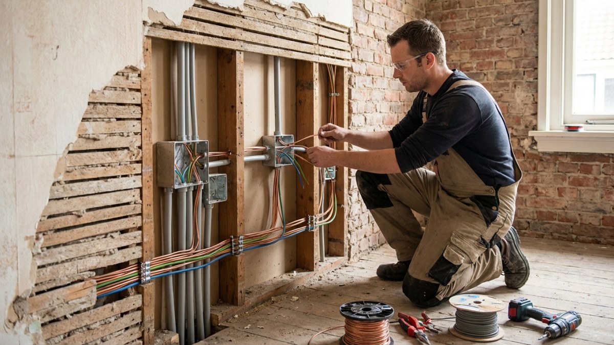 Elektricien installeert nieuwe bedrading in muur