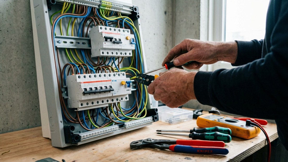 Elektricien installeert automaten in nieuwe meterkast