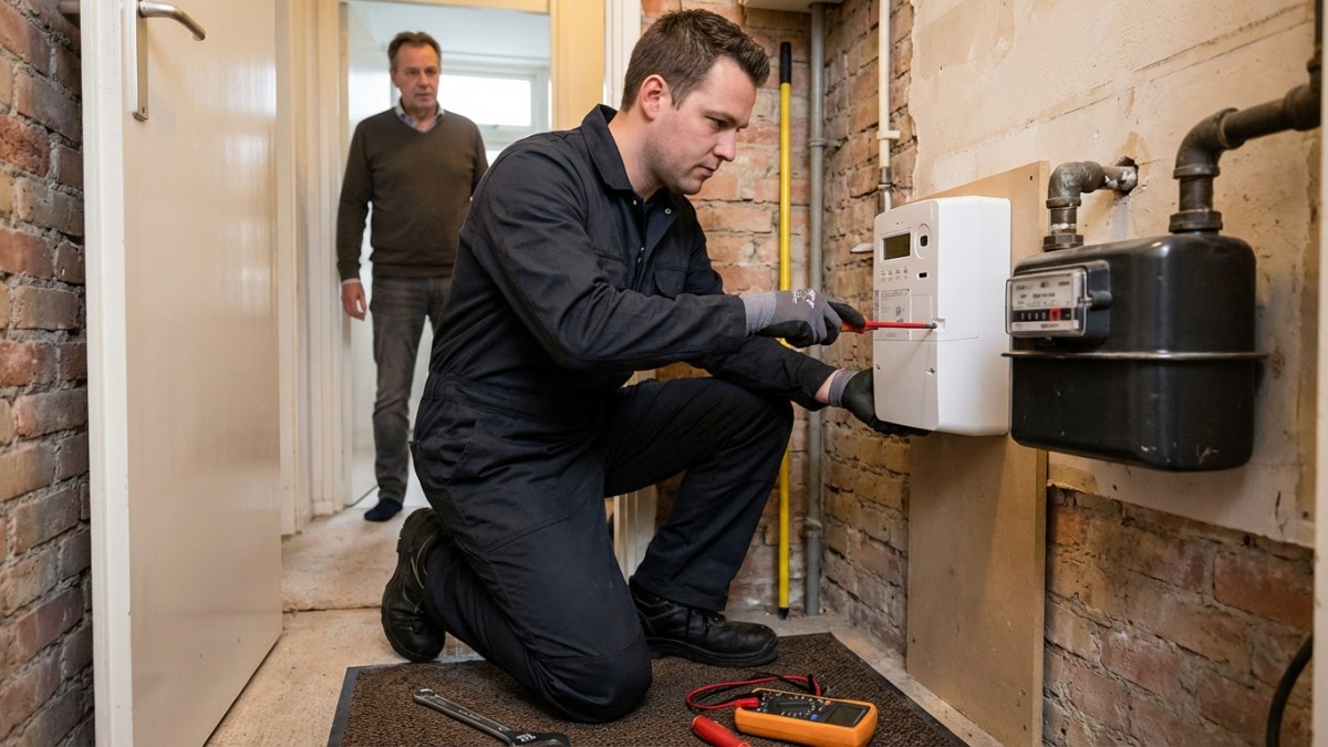 Monteur vervangt oude meter door slimme meter