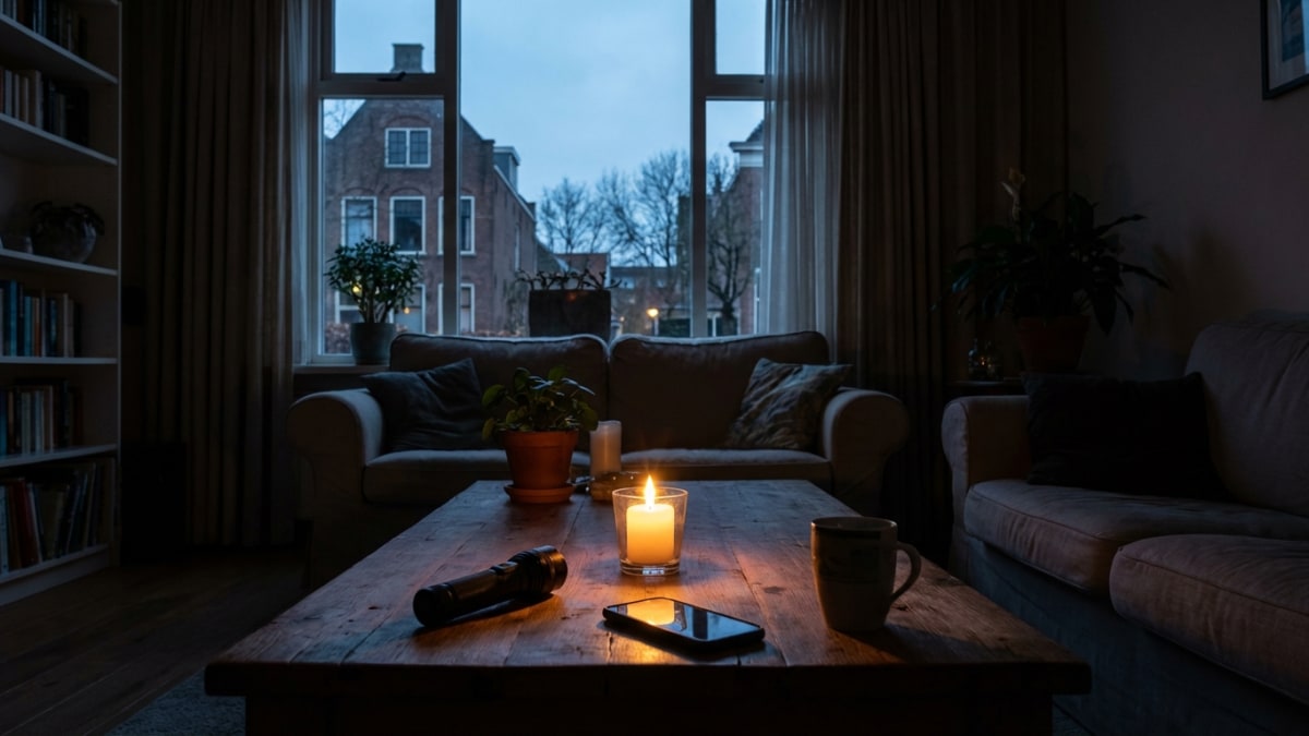 Woonkamer tijdens stroomstoring met kaars en zaklamp