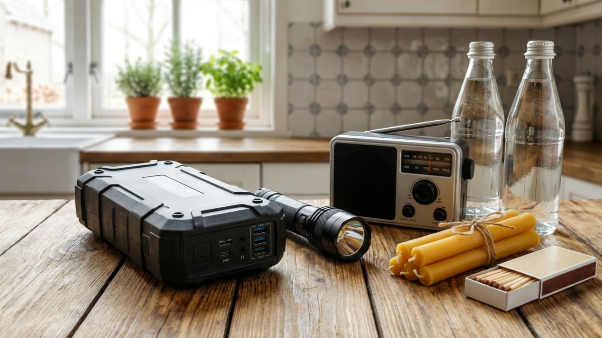 Noodpakket voor stroomstoring met powerbank, zaklamp en radio