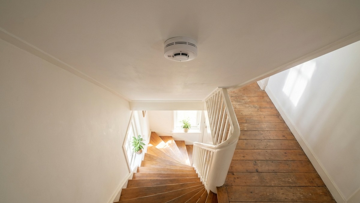 Rookmelder geplaatst op overloop bij trap