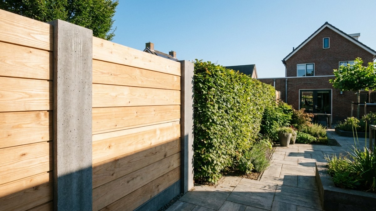 Moderne hout-beton schutting in Nederlandse tuin