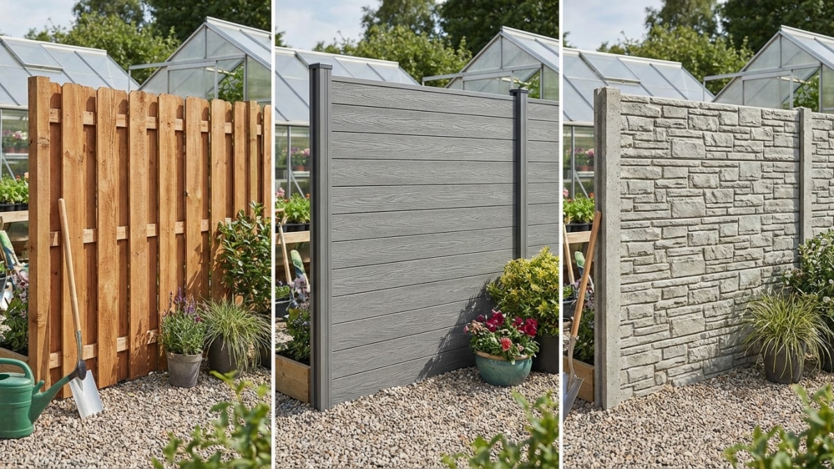 Verschillende schutting types - hout, composiet en beton