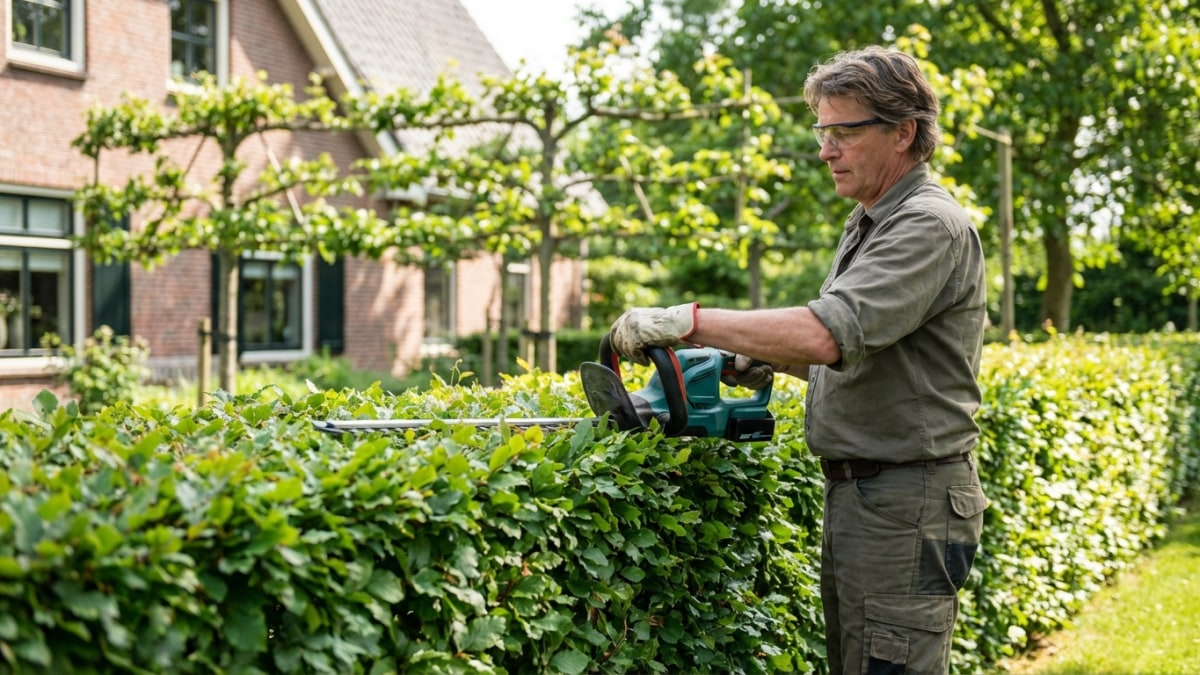 Heg snoeien met elektrische heggenschaar