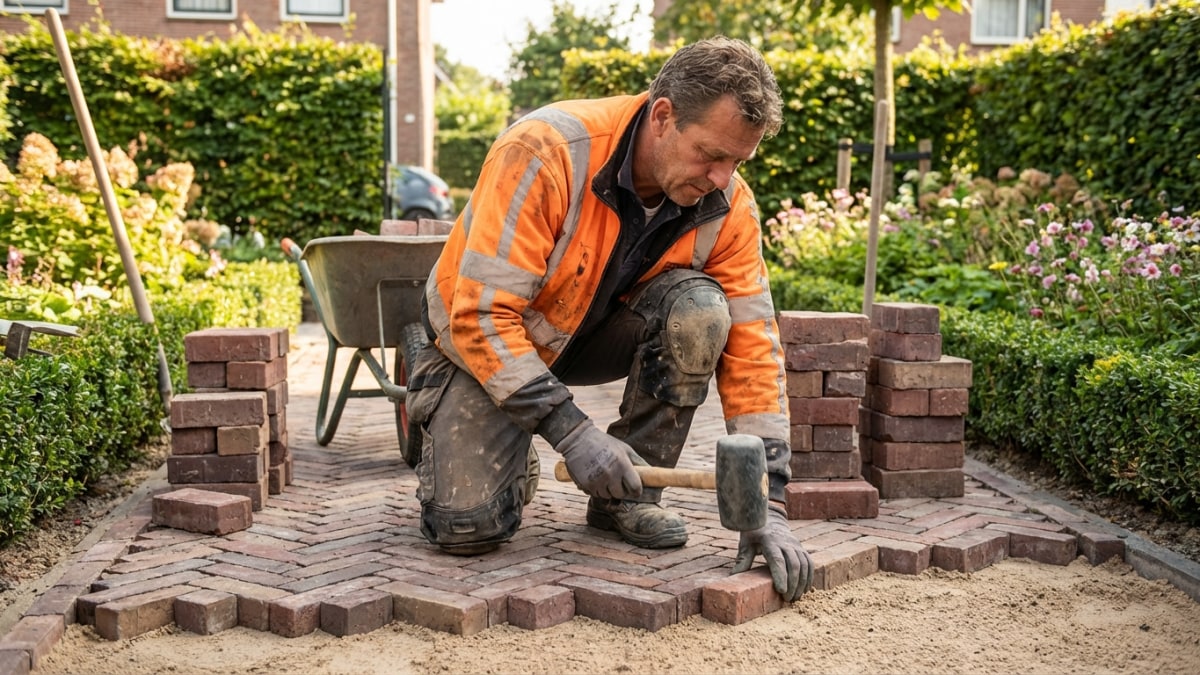 Stratenmaker legt klinkers in visgraatpatroon