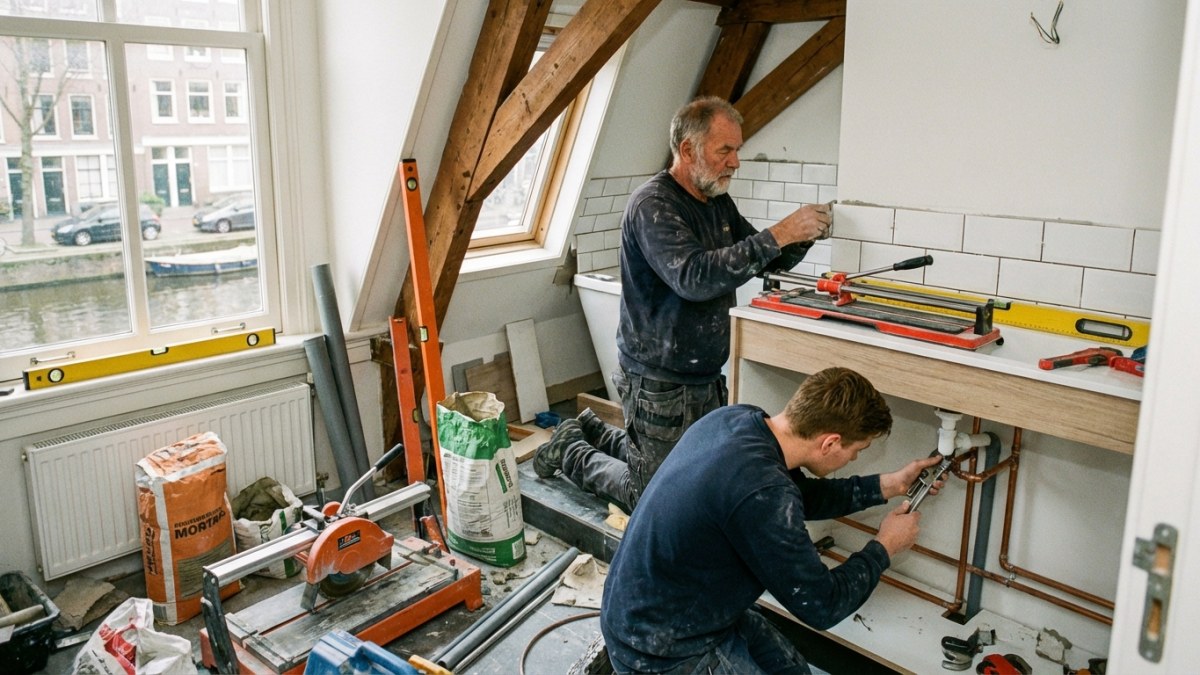 Aannemers aan het werk bij badkamerrenovatie
