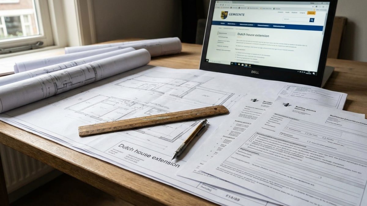 Bouwtekeningen en vergunning voor aanbouw