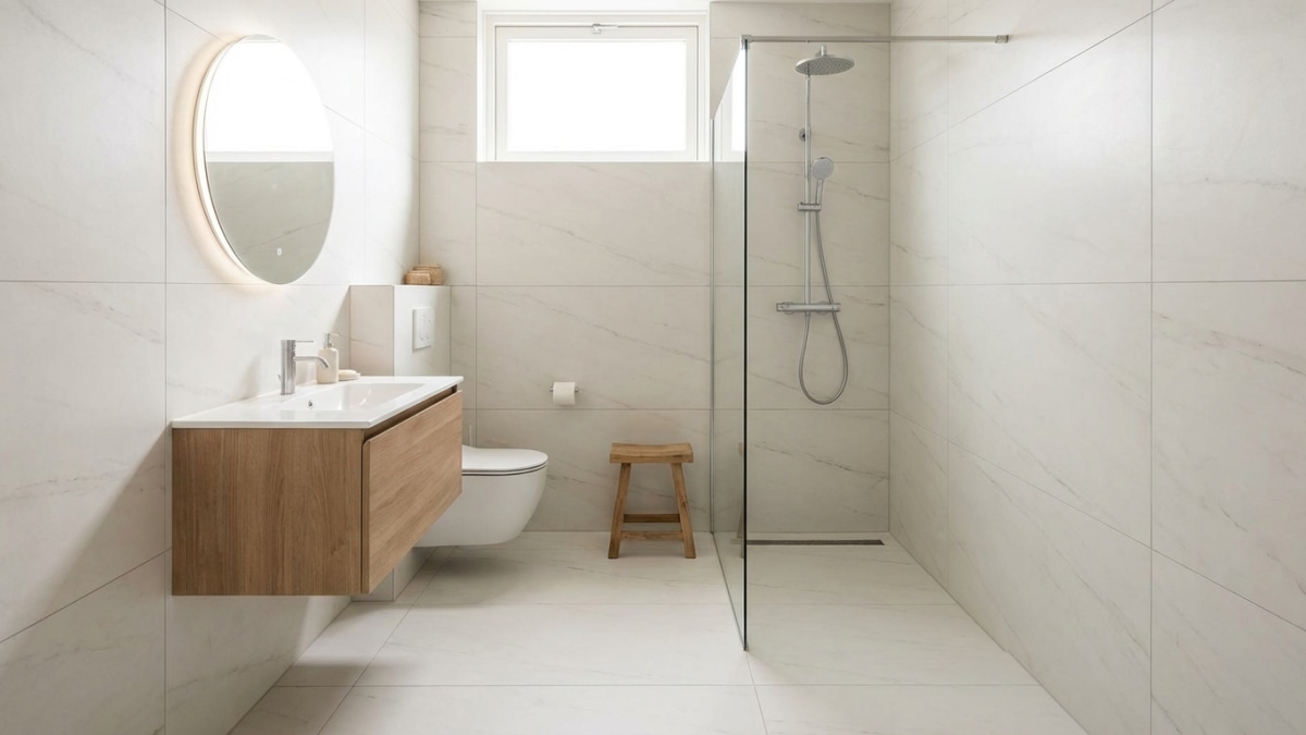 Grote tegels in kleine badkamer - ruimtelijk effect met minder voegen