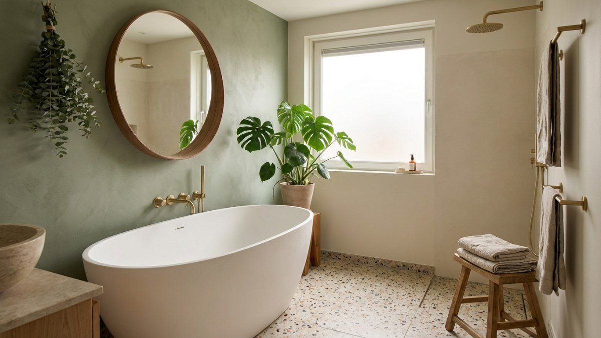 Badkamertrends 2026 - ronde vormen, saliegroen en terrazzo