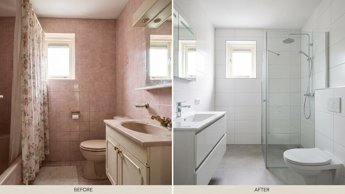 Badkamer renovatie voor en na - besparen door indeling te behouden