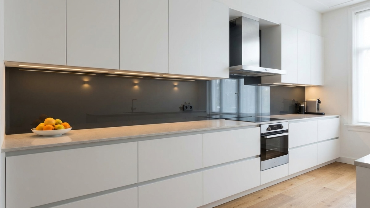 Glazen keuken achterwand in antraciet grijs - naadloze spatwand