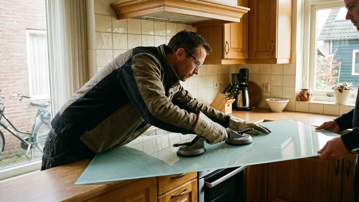 Glazen achterwand installatie door specialist met zuignappen