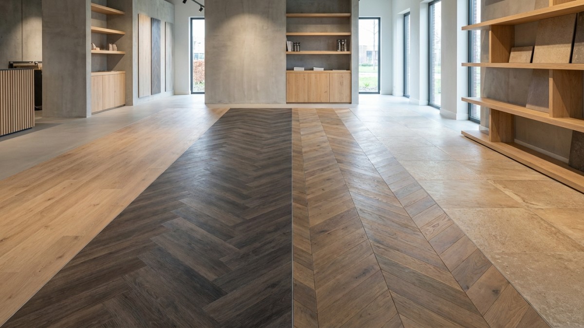 Vloer types vergelijken - laminaat, PVC, parket en tegels in showroom