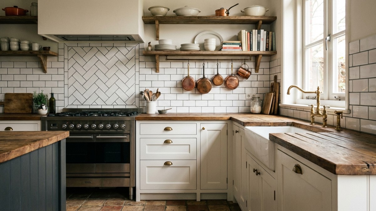 Keuken achterwand met witte metrotegels en donkere voegen