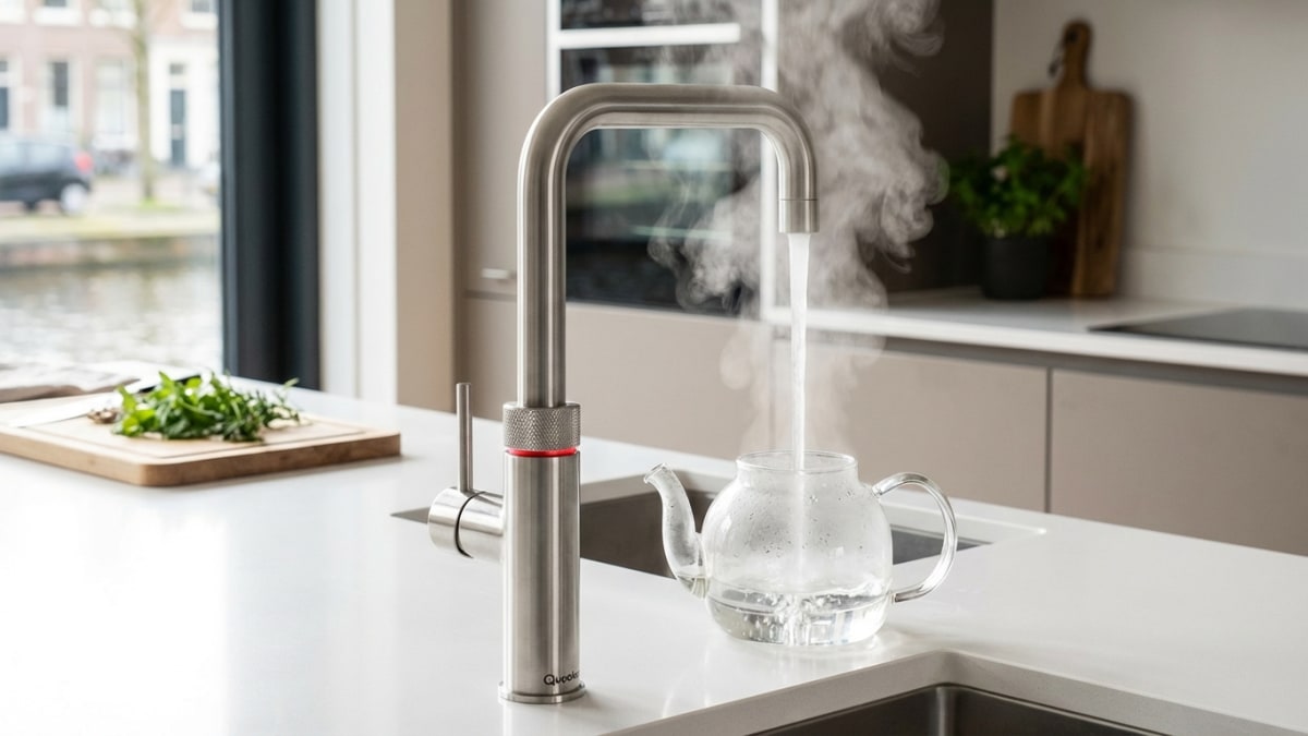 Kokendwaterkraan schenkt heet water - Quooker style kraan
