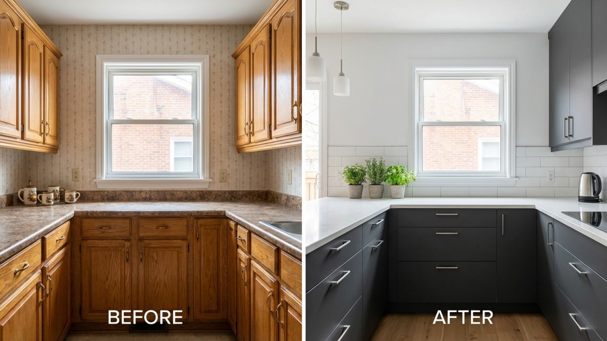 Keuken wrappen voor en na - eiken naar antraciet grijs