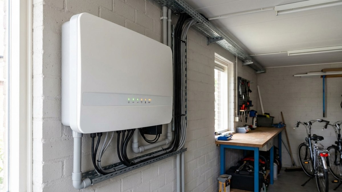 Zonnepanelen omvormer aan de muur gemonteerd