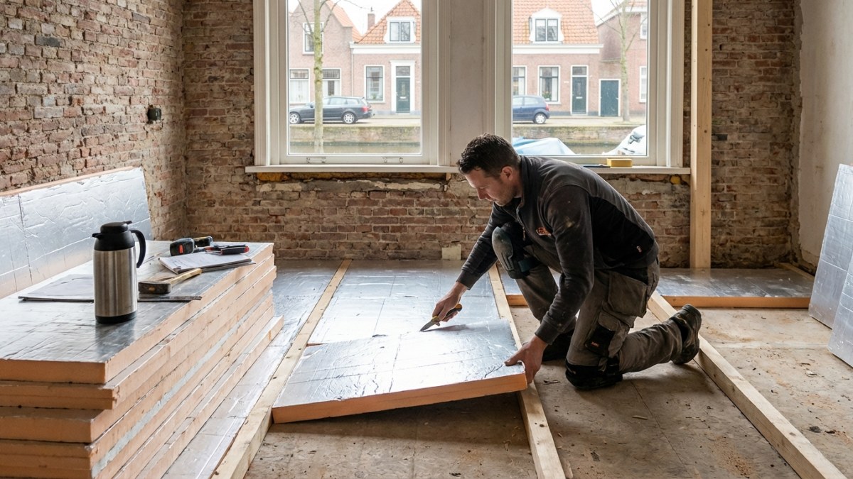 Vloer isoleren - isolatieplaten worden gelegd