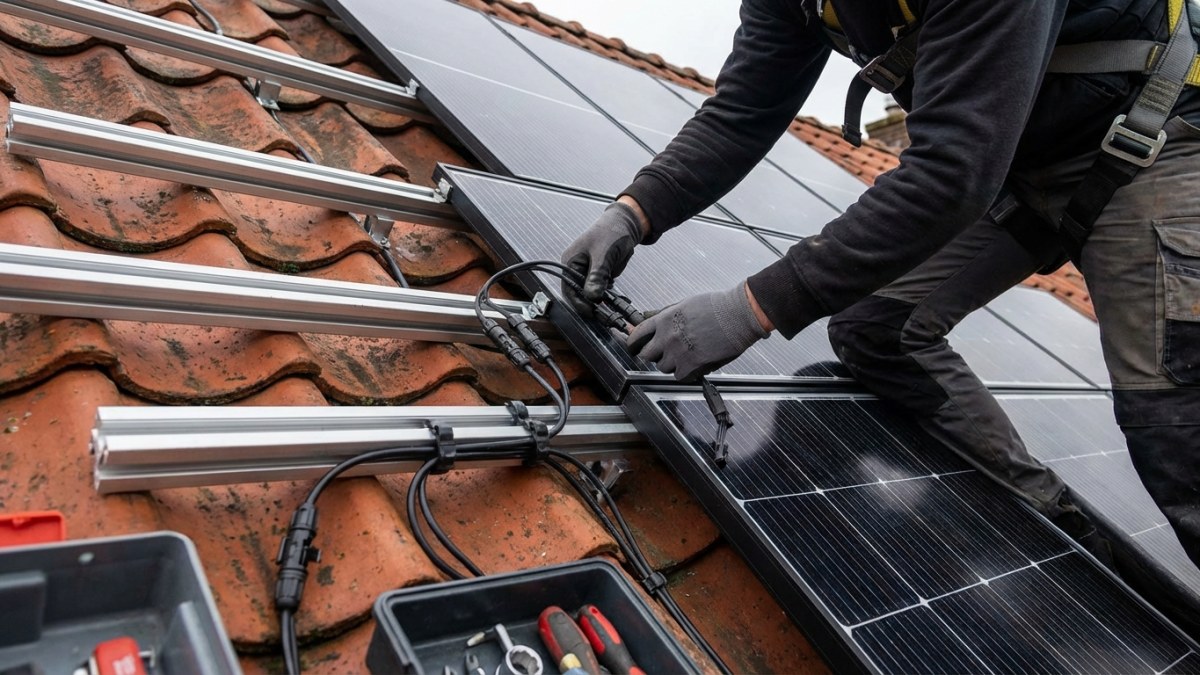Zonnepanelen aansluiten en bedrading op dak