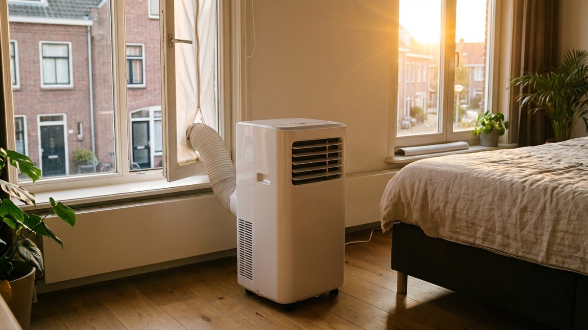 Mobiele airco met afvoerslang door raam in slaapkamer
