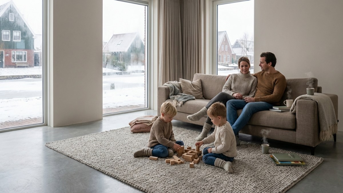 Vloerverwarming in woonkamer - gezin geniet van warme vloer