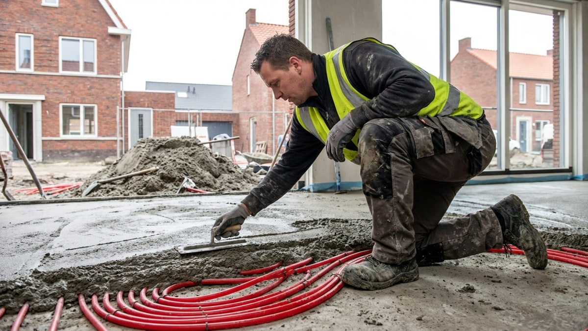 Dekvloer aanbrengen over vloerverwarming leidingen