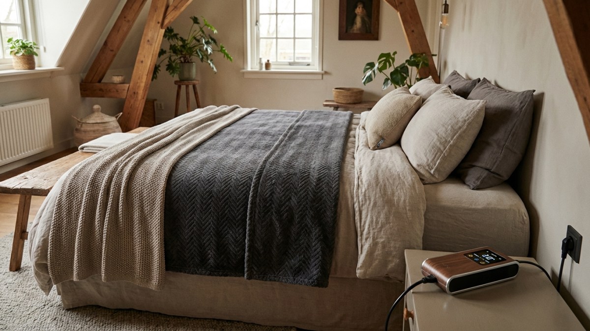 Elektrische deken op bed met temperatuurregeling