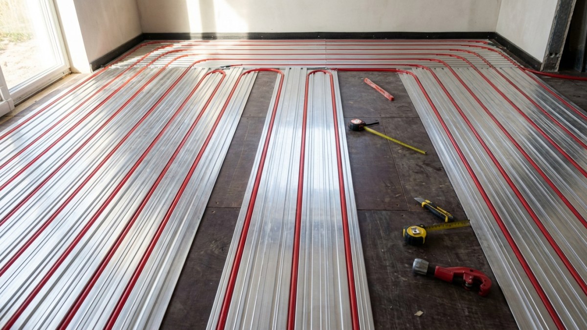 Droog vloerverwarmingssysteem met aluminium warmteplaten