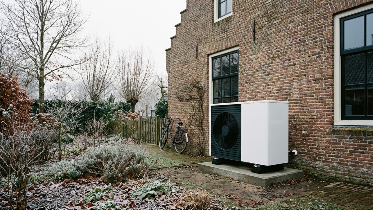Lucht-water warmtepomp buitenunit in Nederlandse tuin