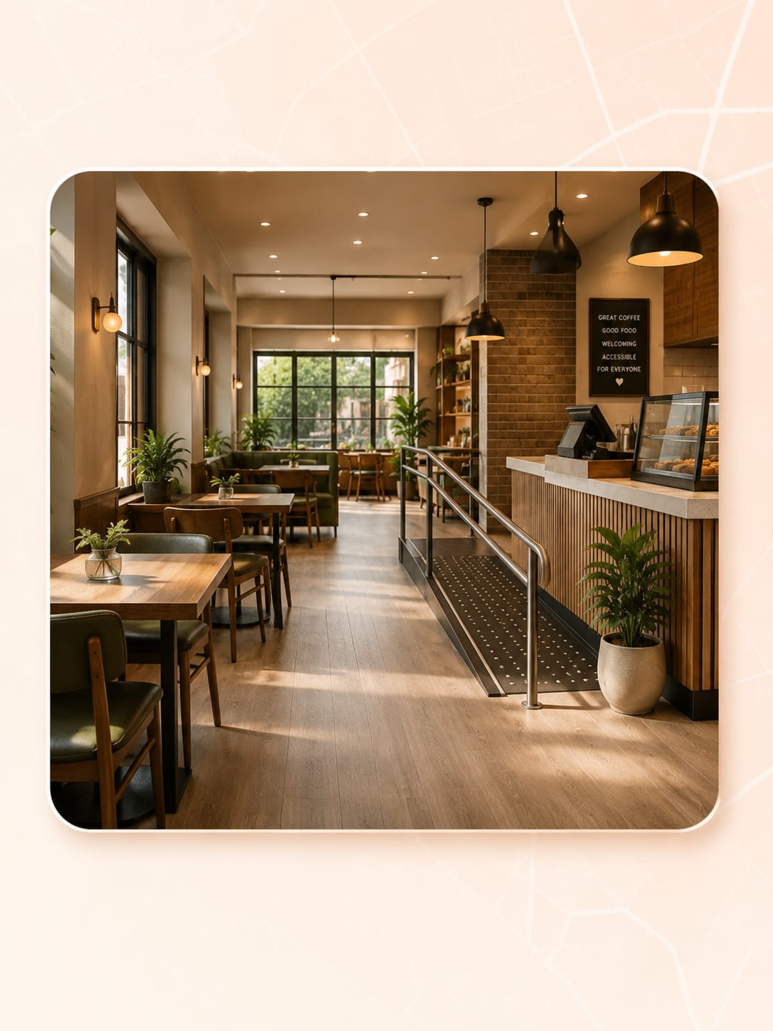 Warm café interior with accessible layout and spacious seating