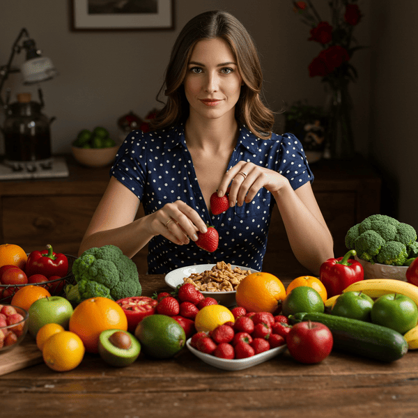 Mujer radiante y feliz rodeada de alimentos frescos y coloridos, transmitiendo vitalidad y bienestar auténtico