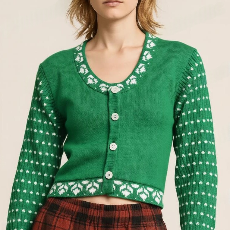 Green & White Dotted Flower Woolen Blouse Sweater for Women – Stylish Winter Wear - View 3 of 7 - Premium wool sweater