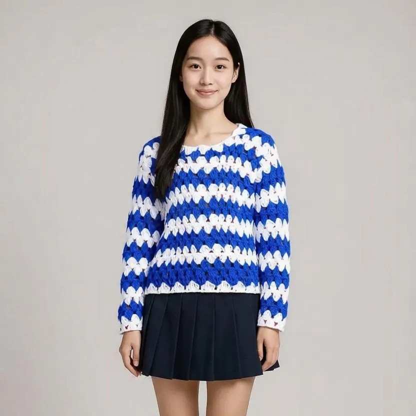 New Blue and White Fully Hand-Knitted Sweater for Girls and Women - View 5 of 8 - Premium wool sweater