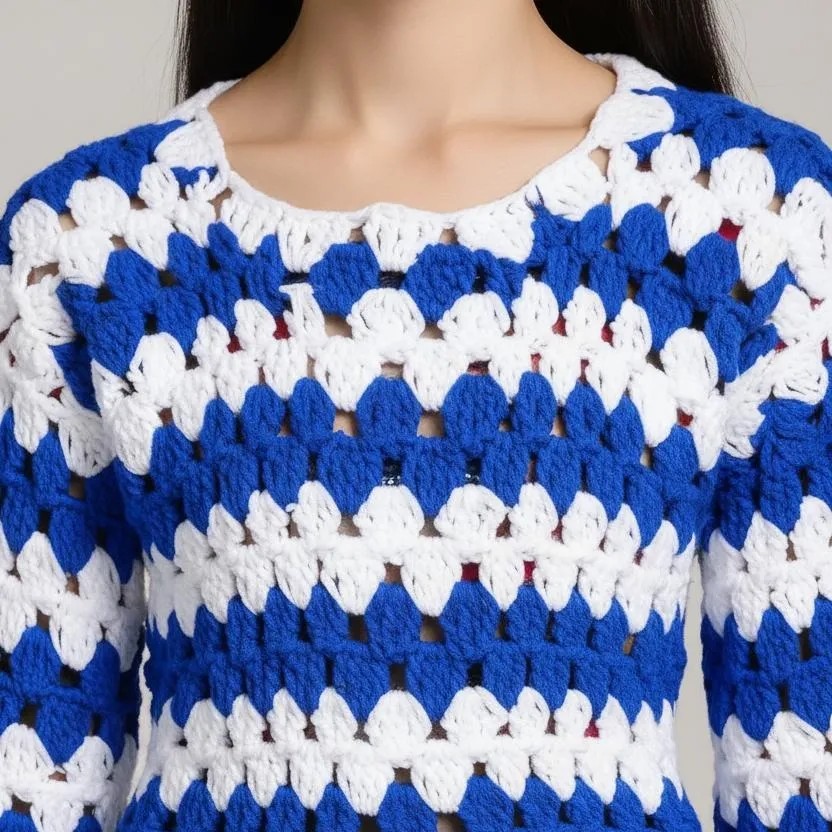 New Blue and White Fully Hand-Knitted Sweater for Girls and Women - View 3 of 8 - Premium wool sweater