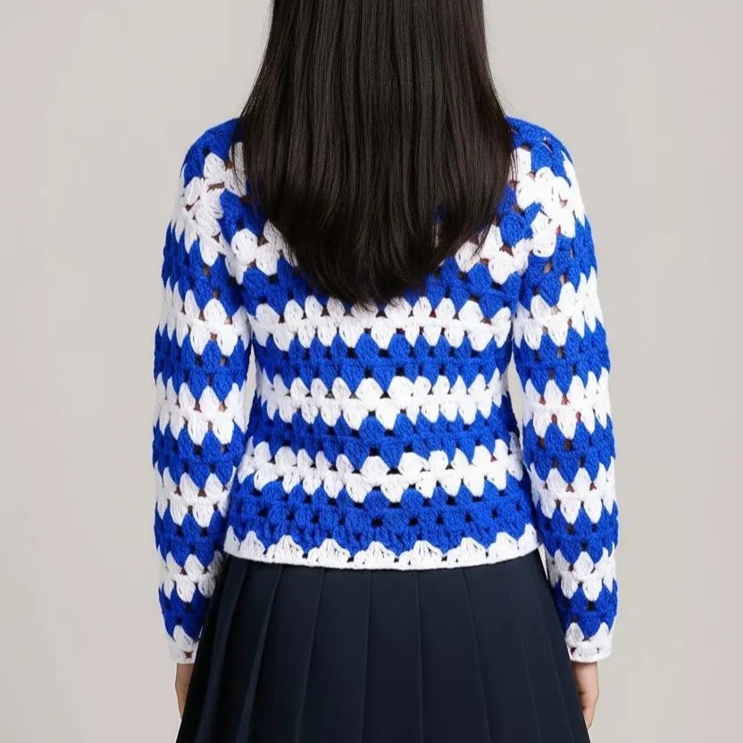 New Blue and White Fully Hand-Knitted Sweater for Girls and Women - View 7 of 8 - Premium wool sweater