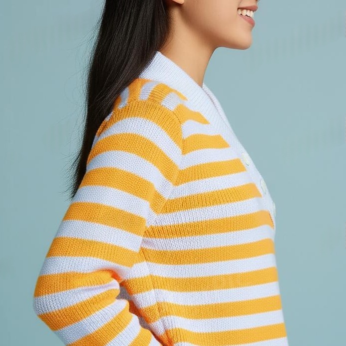 New Yellow & White Horizontal Striped Fashion Button V Neck Top for Women and Girls - View 4 of 4 - Premium wool sweater